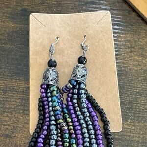 Handmade Multi-colored Seed Bead Long Dangle Pierced Earrings 3”